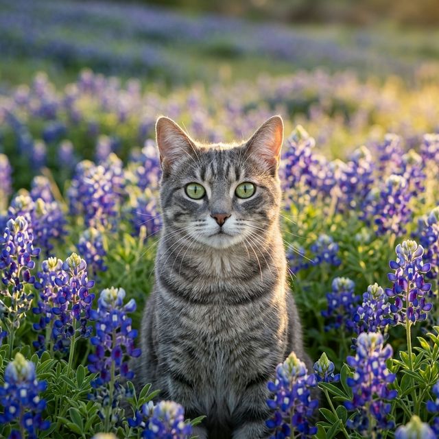 Bluebonnet pet portrait - grey tabby cat Daisy in bluebonnet field 1 #view-cat
