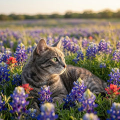 Bluebonnet pet portrait - grey tabby cat Daisy in bluebonnet field 2 #view-cat