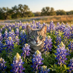 Bluebonnet pet portrait - grey tabby cat in bluebonnet field 3 #view-cat
