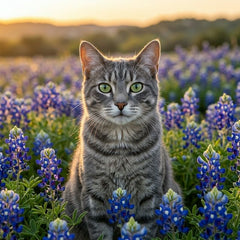 Bluebonnet pet portrait - grey tabby cat in bluebonnet field 4 #view-cat