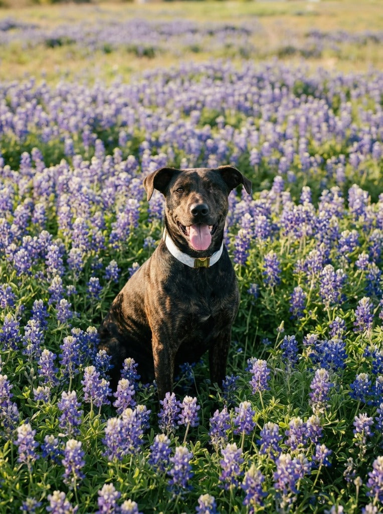Bluebonnet pet portrait - brindle dog in bluebonnet field 4 #view-dog