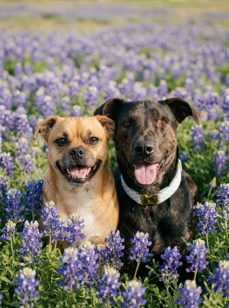 Bluebonnet pet portrait - brindle dog in bluebonnet field 5 #view-dog