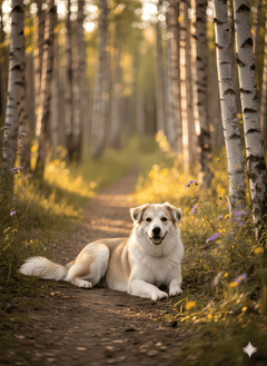 Memorial pet portrait - birch forest golden light #view-dog