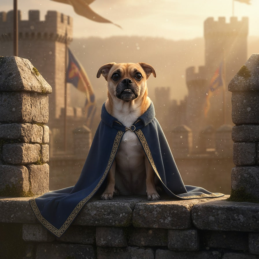 Royalty pet portrait - blue cape castle #view-dog