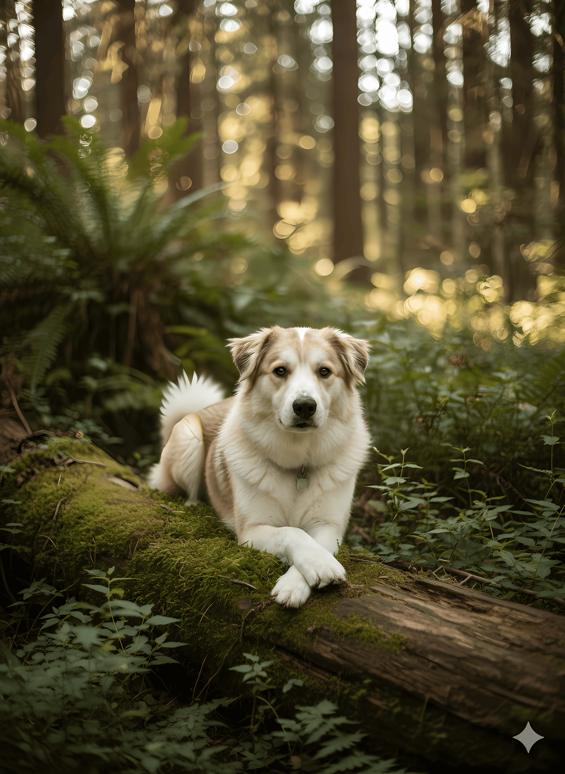 Memorial pet portrait - mossy log forest #view-dog