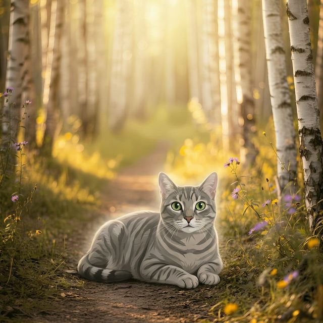 Memorial cat portrait - birch forest golden light #view-cat