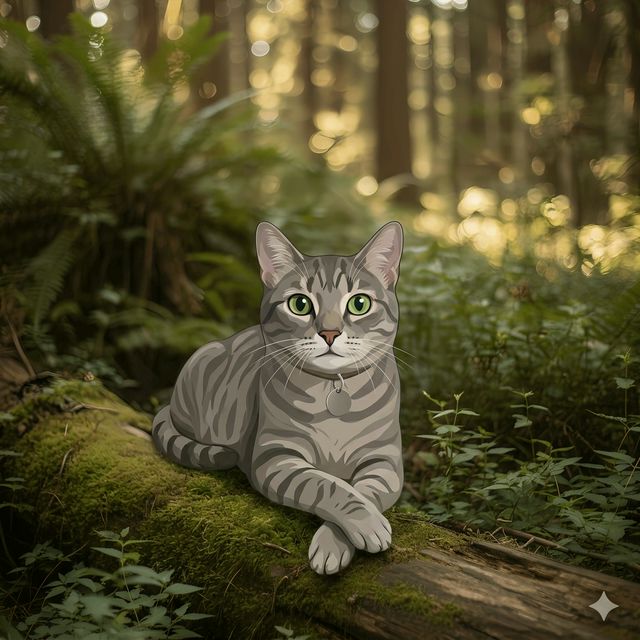 Memorial cat portrait - mossy log forest #view-cat