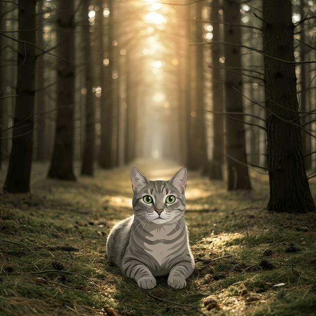 Memorial cat portrait - sun rays forest #view-cat