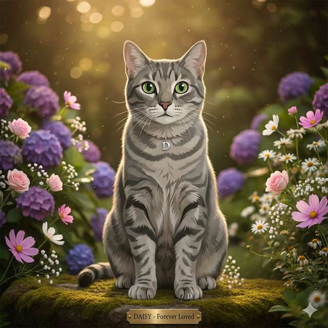 Memorial cat portrait - flower tribute #view-cat