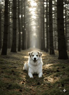 Memorial pet portrait - sun rays forest #view-dog