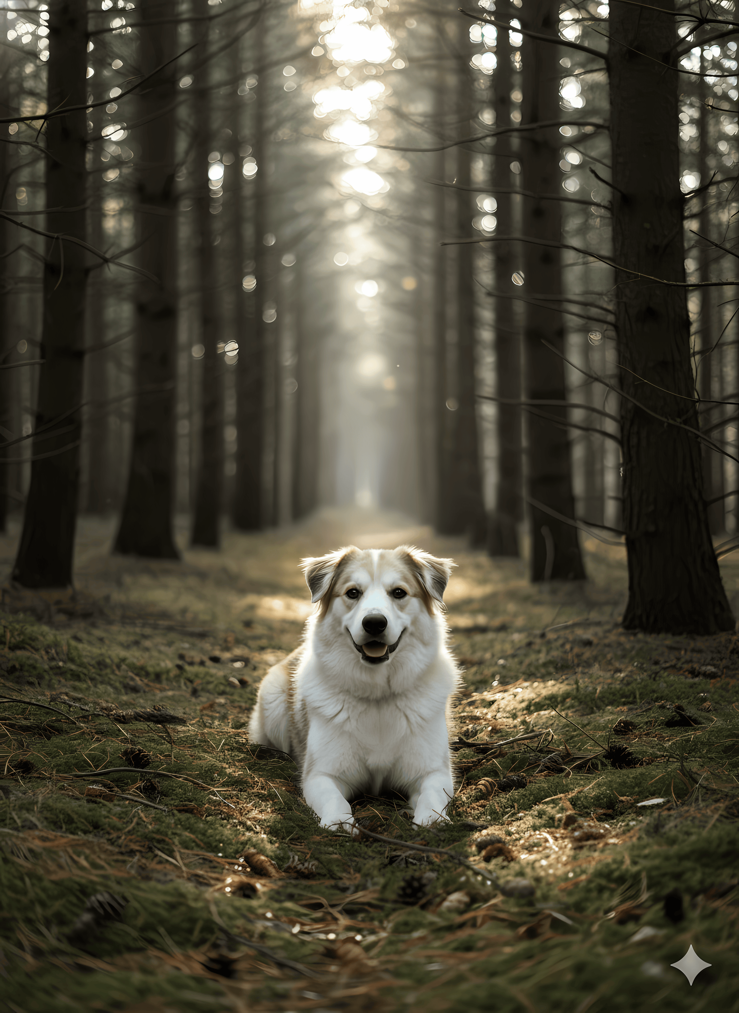 Memorial pet portrait - sun rays forest #view-dog