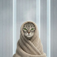 Spa Day cat portrait - blanket wrap steam room #view-cat