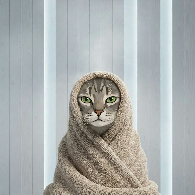 Spa Day cat portrait - blanket wrap steam room #view-cat